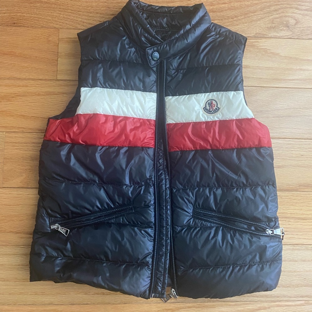 Moncler Tri-Color Puffer Vest in Black, White, and Red